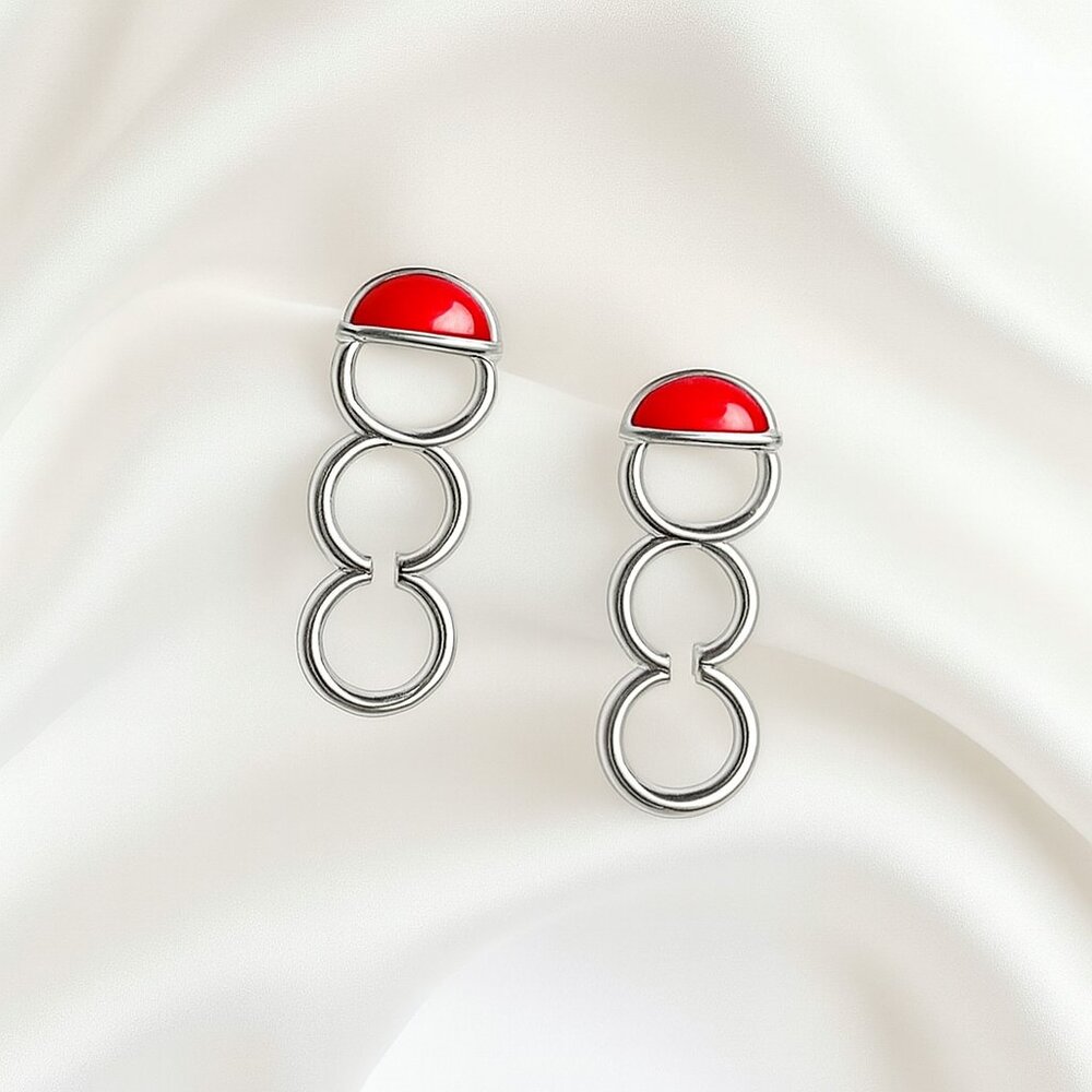 Silver Triple Hoop Earrings with Red Accents – Bold Modern Statement Jewelry
